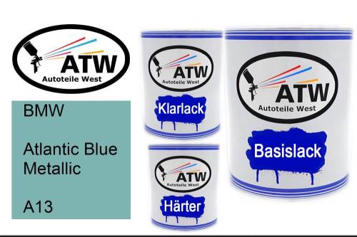 BMW, Atlantic Blue Metallic, A13: 1L Lackdose + 1L Klarlack + 500ml Härter - Set, von ATW Autoteile West.